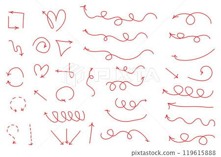 Isolated vector arrows, hand drawn on a white background. Straight, curved, circular, multidirectional arrows 119615888