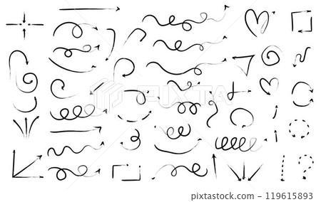 Black arrows point in various directions and various arrow shapes, straight, curved, circular, curved 119615893