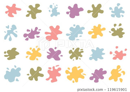 Set of colorful splashes. Bright spots, paint, set of design elements. Paint splatter colorful set. Round splash flat collection, decorative shapes liquids. Different splashes and drops Set of colorful splashes. Bright spots, paint, set of design elements. Paint splatter colorful set. Round splash flat collection, decorative shapes liquids. Different splashes and drops 119615901