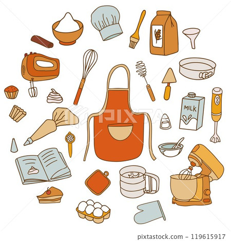 Colorful Collection of Baking Accessories. Set of Kitchen Accessories for Cooking in Doodle Style on White Background. Vector 119615917