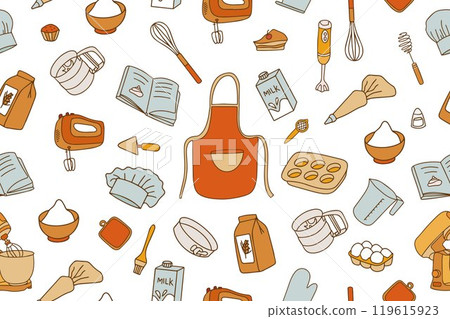 Colorful seamless pattern of baking accessories. Kitchen utensils and chef clothes in doodle style. Vector illustration Colorful seamless pattern of baking accessories. Kitchen utensils and chef clothes in doodle style. Vector illustration 119615923