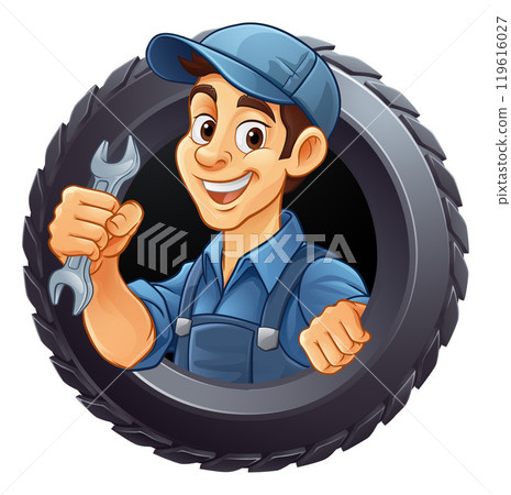 Tyre Tire Car Service Mechanic Mascot Cartoon Man Tyre Tire Car Service Mechanic Mascot Cartoon Man 119616027