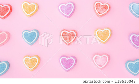 Colorfully heart jelly on a pink background. 119616042