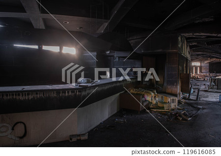 Interior of an abandoned resort hotel 119616085