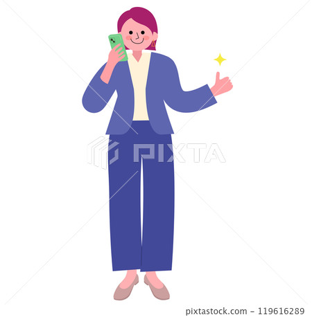 身穿褲裝、腳踩高跟鞋的女士在用智慧型手機通話時豎起大拇指的全身插圖 119616289