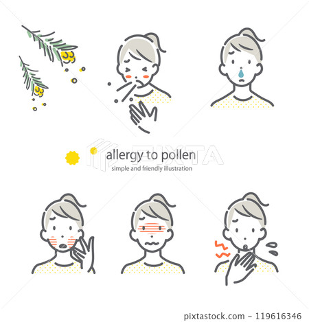 A simple and stylish line drawing of a young woman suffering from hay fever symptoms A simple and stylish line drawing of a young woman suffering from hay fever symptoms 119616346