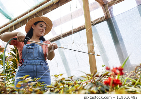 Woman standing in greenhouse holding gardening hose, watering plants and wearing straw hat with overalls. Sunlight filtering through transparent roof creating serene environment Woman standing in greenhouse holding gardening hose, watering plants and wearing straw hat with overalls. Sunlight filtering through transparent roof creating serene environment 119616482