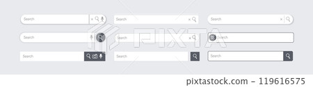 Search bar. Website ui design, search Internet box, browser engine text field, navigation bar with push button. Interface web element vector templates set 119616575