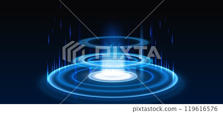 Portal background. Blue futuristic neon product podium, glow hologram game stage, teleport with light beams. HUD platform energy with blue rays. 3D tech vector vector concept 119616576