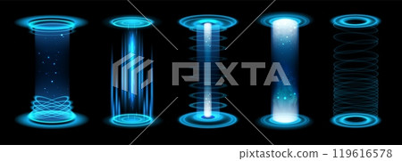 Light realistic portal. Level up blue futuristic neon glow beam power game stage with vortex, teleport podium. HUD portals energy with blue rays. 3D tech vector isolated set 119616578