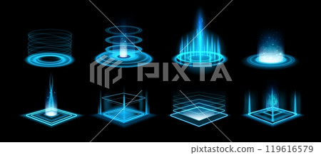 Portal. Blue futuristic neon glow hologram game stage with sparkles and vortex, teleport podium with light beams. HUD portals energy with blue rays. 3D tech vector product platform set Portal. Blue futuristic neon glow hologram game stage with sparkles and vortex, teleport podium with light beams. HUD portals energy with blue rays. 3D tech vector product platform set 119616579