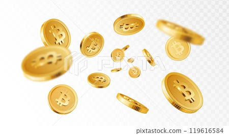Bitcoin explosion. Cryptocurrency, electronic payments and blockchain. Golden 3D coins explosion, bitcoins splash. Vector isolated concept 119616584