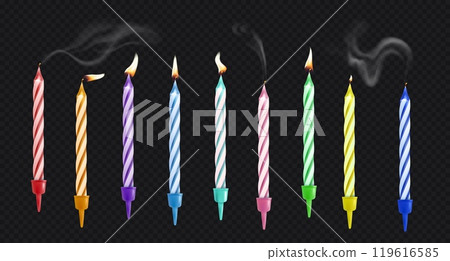 Birthday candles with fire and smoke. Realistic striped candles with flame. Burning birthday party cake candle. Candlelight 3d realistic for anniversary celebration vector set 119616585