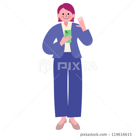 一名身穿褲裝、腳踩高跟鞋的女性在用智慧型手機進行視訊通話時揮手的全身插圖 119616615
