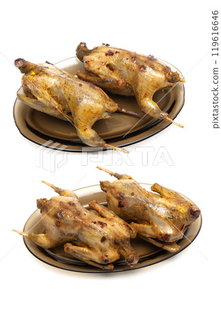 fried woodcocks on a plate on a white background 119616646