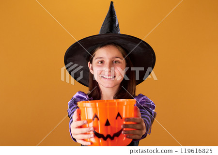 Happy Halloween witch asking for treats 119616825