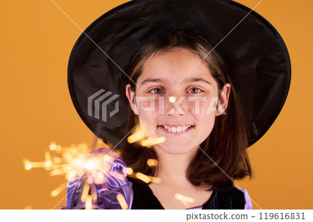 Face of girl in Halloween witch costume Face of girl in Halloween witch costume 119616831
