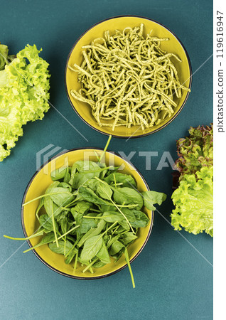 Vegetarian pasta with spinach. 119616947