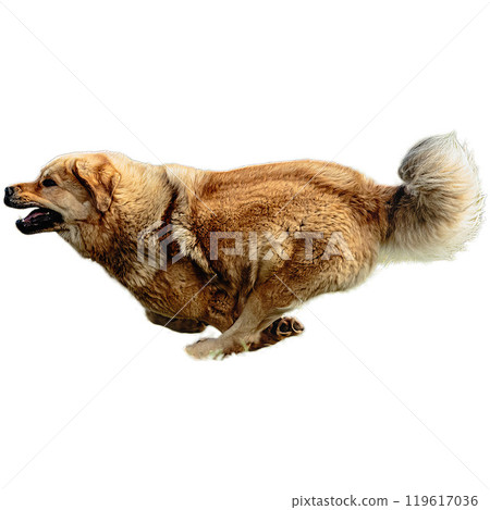 Dog running straight on camera isolated on white background at full speed on competition Dog running straight on camera isolated on white background at full speed on competition 119617036