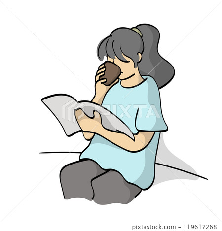 woman with long hair reading magazine and drinking coffee illustration vector isolated on white background woman with long hair reading magazine and drinking coffee illustration vector isolated on white background 119617268