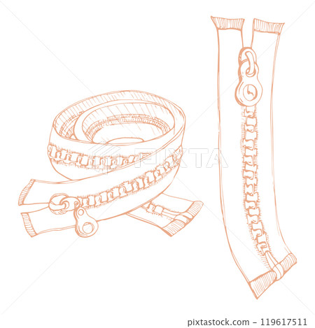 Clothing clasp fabric zippers fly fasteners, sewing craft seamstress supplies tools. Hand drawn ink vector illustration. Set of objects isolated on white background. Design atelier, tailor, hobby shop 119617511