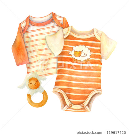 Newborn Infant baby striped clothes set. Watercolor toddler short sleeve bodysuit, sweater or pullover and eco friendly wooden and textile toy sleeping lamb. Isolated composition for baby shower cards Newborn Infant baby striped clothes set. Watercolor toddler short sleeve bodysuit, sweater or pullover and eco friendly wooden and textile toy sleeping lamb. Isolated composition for baby shower cards 119617520