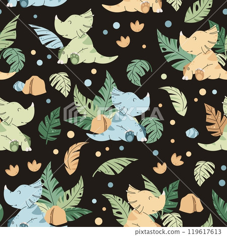 Seamless pattern with cute dinosaurs in flat style. Endless background with baby dinosaur, tropical plants and footprints. Kiddie background for fabric, wallpaper, wrapping paper, scrapbooking, etc. 119617613