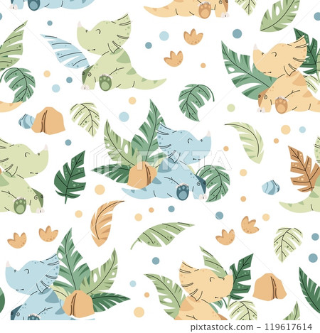 Seamless pattern with cute dinosaurs in flat style. Endless background with baby dinosaur, tropical plants and footprints. Kiddie background for fabric, wallpaper, wrapping paper, scrapbooking, etc. Seamless pattern with cute dinosaurs in flat style. Endless background with baby dinosaur, tropical plants and footprints. Kiddie background for fabric, wallpaper, wrapping paper, scrapbooking, etc. 119617614