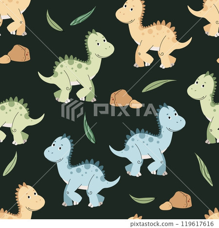 Seamless pattern with cute dinosaurs in flat style. Repeating background with baby dinosaur and leaves. Childish background for fabric, wallpaper, wrapping paper, scrapbooking, etc 119617616