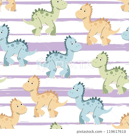 Seamless pattern with cute dinosaurs in flat style. Repeating texture with baby dinosaur on striped background. Kiddie background for fabric, wallpaper, wrapping paper, scrapbooking etc 119617618