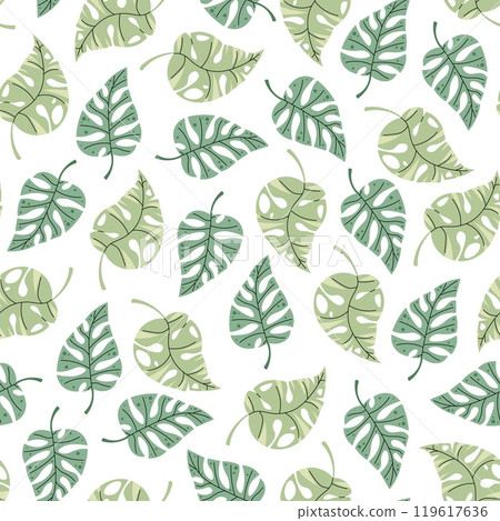 Seamless pattern with tropical leaves in flat style. Endless texture with monstera leaves. Botanical background for fabric, wallpaper, wrapping paper, scrapbooking etc 119617636