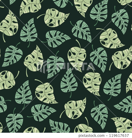 Seamless pattern with tropical leaves in flat style. Endless texture with monstera leaves. Botanical background for fabric, wallpaper, wrapping paper, scrapbooking etc 119617637