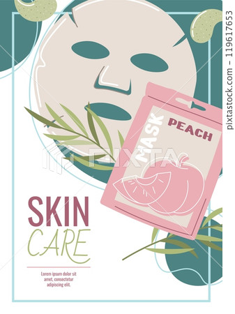 Skin care flyer design. Poster with cosmetic products, face mask. Facial skin care, skin moisturizing. Banner for beauty salon, spa, etc. 119617653