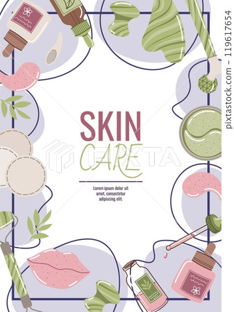 Skin care flyer design. Poster with cosmetic products, face mask, gua sha, serum. Facial skin care, skin moisturizing. Banner for beauty salon, spa, etc. 119617654