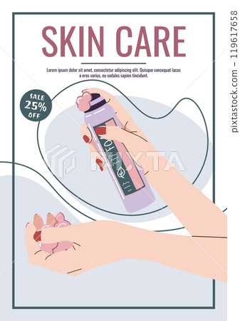Skin care flyer design. Poster with hand holding foam. Facial skin care, skin moisturizing. Banner for beauty salon, spa, etc. Skin care flyer design. Poster with hand holding foam. Facial skin care, skin moisturizing. Banner for beauty salon, spa, etc. 119617658