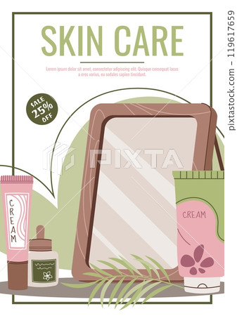 Skin care flyer design. Poster with cosmetic products, mirror, cream. Facial skin care, skin moisturizing. Banner for beauty salon, spa, etc. Skin care flyer design. Poster with cosmetic products, mirror, cream. Facial skin care, skin moisturizing. Banner for beauty salon, spa, etc. 119617659