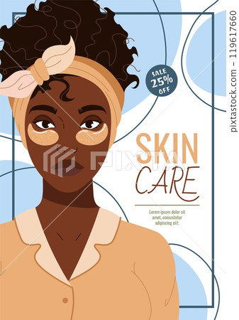 Skin care flyer design. Poster with dark skinned woman with moisturizing eye patches. Facial skin care, skin moisturizing. Banner for beauty salon, spa, etc. 119617660