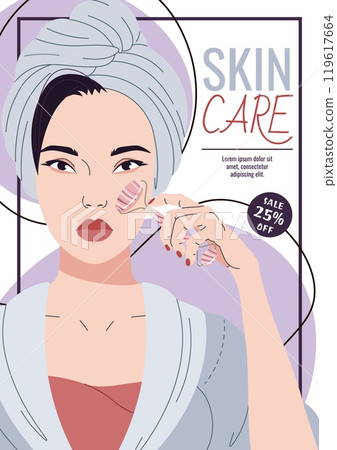 Skin care flyer design. Poster with an Asian woman doing gua sha massage. Facial skin care, skin moisturizing. Banner for beauty salon, spa, etc. Skin care flyer design. Poster with an Asian woman doing gua sha massage. Facial skin care, skin moisturizing. Banner for beauty salon, spa, etc. 119617664