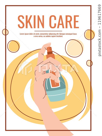 Skin care flyer design. Summer poster with hand holding sunscreen with spf. Body skin care, skin moisturizing. Banner for beauty salon, spa, etc. Skin care flyer design. Summer poster with hand holding sunscreen with spf. Body skin care, skin moisturizing. Banner for beauty salon, spa, etc. 119617669