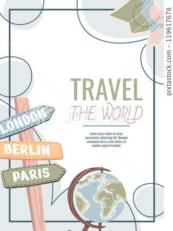 Flyer design travel. Poster with globe, map. Travel around the world, summer vacation. Banner for travel agency. 119617678