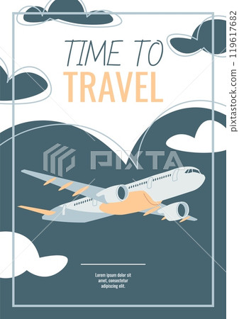 Flyer design travel. Poster with a plane flying in the sky. Travel around the world, summer vacation. Banner for a travel agency. 119617682