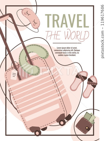 Travel flyer design. Poster with a pink suitcase. Travel around the world, summer vacation. Banner for a travel agency. 119617686