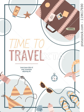 Travel flyer design. Poster with luggage and beachwear. Travel around the world, summer vacation. Banner for a travel agency. 119617690