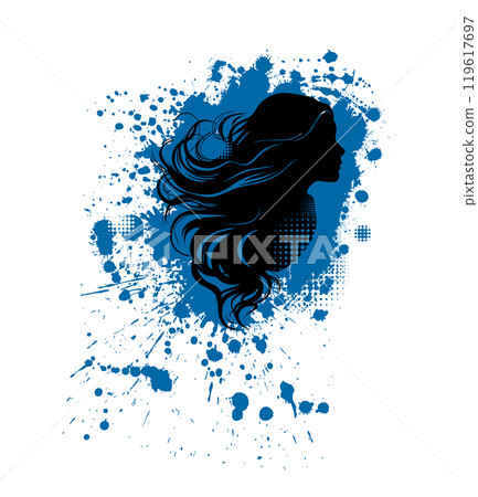 Black silhouette of a girl's head. hand drawn. Not AI, Vector illustration 119617697