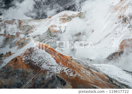 Steam hot springs and snow scene in Noboribetsu Hell Valley, Hokkaido, Japan 119617722