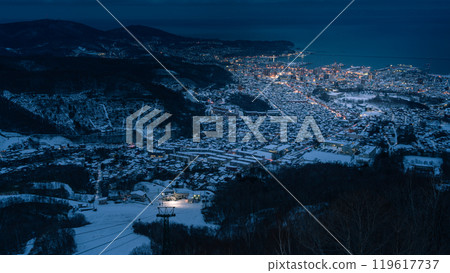 Night view of Mount Tengu after snow in Otaru, Hokkaido, Japan in winter Night view of Mount Tengu after snow in Otaru, Hokkaido, Japan in winter 119617737
