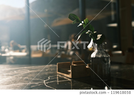 Small plant in glass vase on wooden surface with moody backlight, minimalist still life composition 119618038