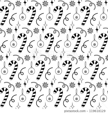 Candy Cane, Christmas tree toys, snowflakes, serpentine and stars Seamless pattern in trendy doodle 119618129