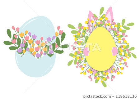 Floral composition in cracked eggshell and Easter bunny behind egg shape frame with twigs Set of 2 Floral composition in cracked eggshell and Easter bunny behind egg shape frame with twigs Set of 2 119618130