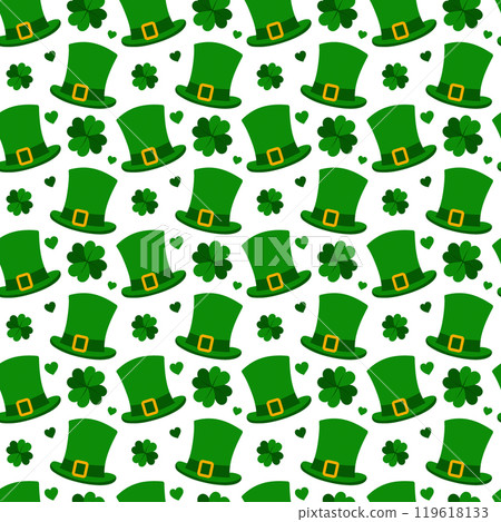 Leprechaun hats, clover quatrefoil and hearts Seamless pattern in trendy monochrome green. Backdrop 119618133